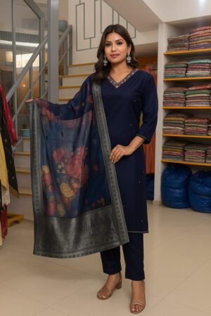 Teal Blossom Embroidered Straight Suit Set