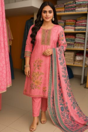 Yellow Aura One-Way Printed Suit with Elegant Neckline Embroidery