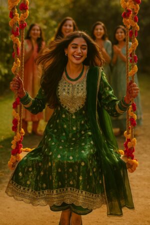 Royal Green Foil Print Frock Suit
