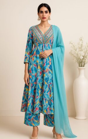 Aqua Bloom Multicolor Kurta Set with Embroidered V-Neck