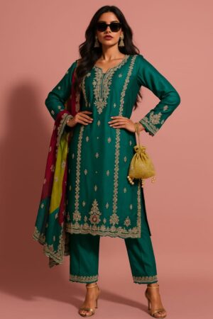Deep Green Embroidered Party Suit with Heavy Dupatta