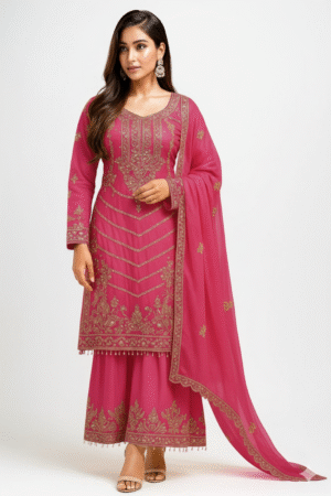 Pink Embroidered Georgette Sharara Suit.