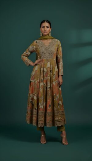 Olive Green Printed Embroidered Kurta Set with Dupatta