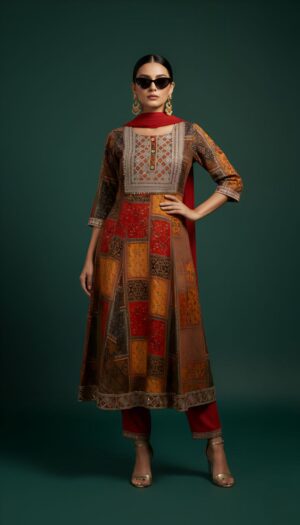 Earthy Patchwork Embroidered Kurta Set with Dupatta