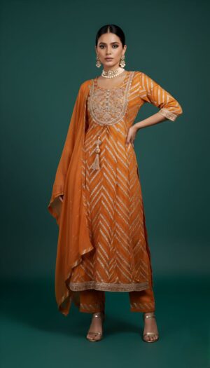 Elegant Mustard Orange Embroidered Kurta Set with Dupatta