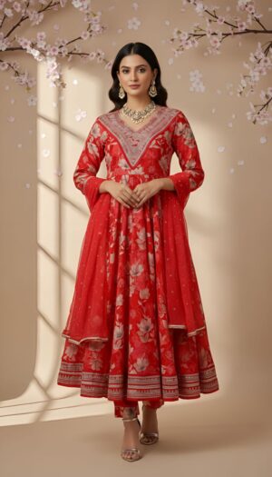 Floral Printed Anarkali Kurta Set with Dupatta – Red