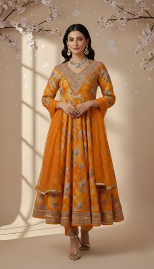 Floral Printed Anarkali Kurta Set with Dupatta – Mustard Orange