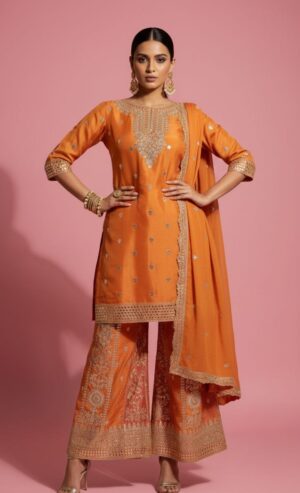 Orange Embroidered Kurta with Sharara Pants & Dupatta