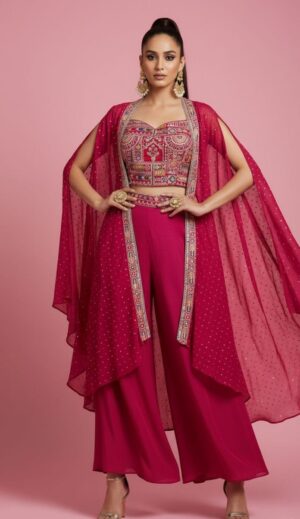 Hot Pink Indo-Western Embroidered Cape Set