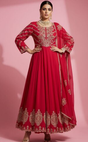 Red Anarkali with Heavy Golden Embroidery & Dupatta