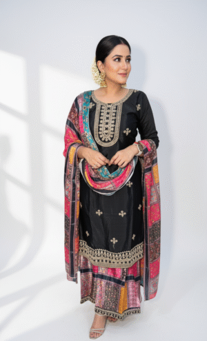 Black embroidered kurta in rich fabric with a graceful, polished texture