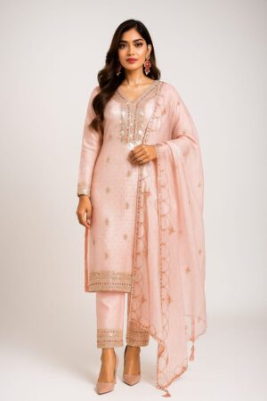 Party Wear Straight Suit with Dupatta – Pink (XL)