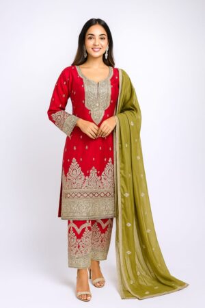 Party Wear Straight Red Suit with Dupatta