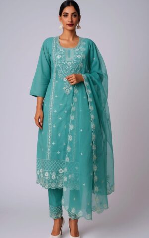 Rama Green A Line Straight Kurta Pant Embroidery Part Wear Suit