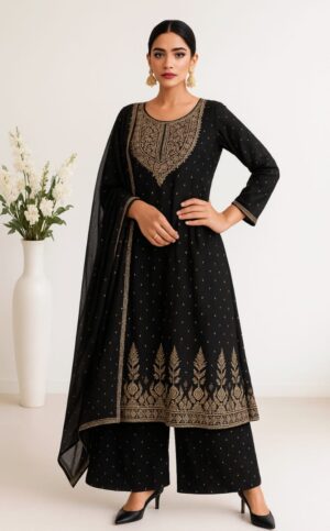 Party wear Anarkali Suit with gold embroidery.