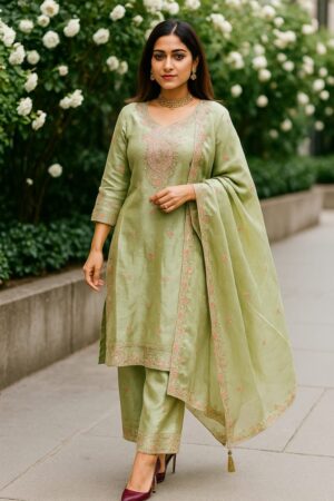 Sage Green Embroidered Elegant & sophisticated Suit.