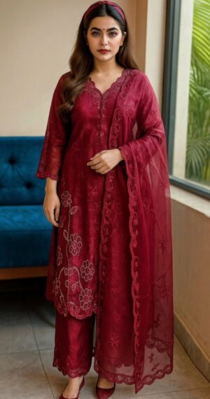 Maroon 3-piece ethnic suit with embroidered straight kurta,