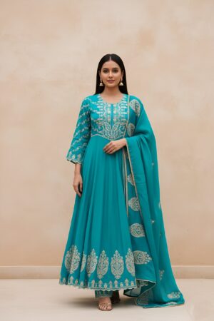 Turquoise Embroidered Anarkali Suit with Dupatta