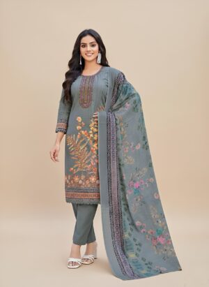 Grey Floral Embroidered Kurti with Dupatta & Pants