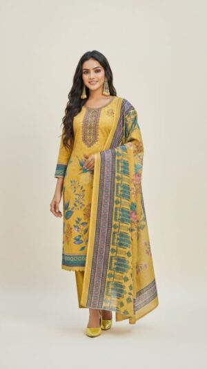 Yellow Floral Embroidered Kurti with Dupatta & Pants