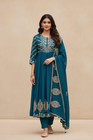 Teal Blue Embroidered Anarkali Suit Set with Dupatta – Festive Wear