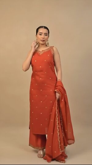 Rust Orange Embroidered Straight Kurta Set with Dupatta – Festive Wear