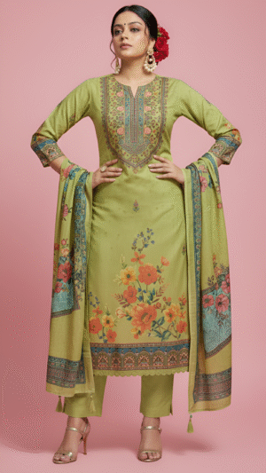 Elegant Floral Printed Green And Sky Blue Straight-Cut Suit Set with Dupatta