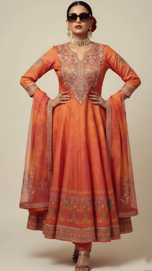 Orange & Pink Ombre Anarkali Suit Set with Dupatta