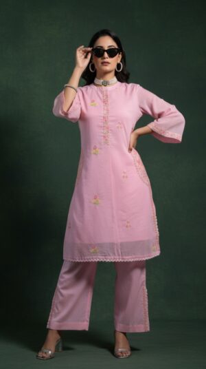 Light Pink Embroidered Kurta Set with Palazzo