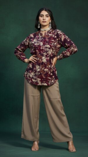 Maroon Floral Printed Top with Beige Palazzo – Viscose Fabric
