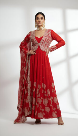 Red Embroidered Anarkali Suit Set with Dupatta – Designer Festive Wear