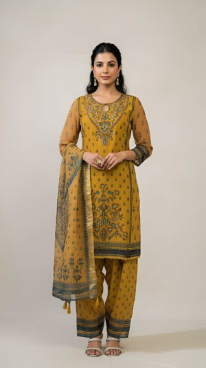 Printed Straight Kurta Set with Dupatta – Ethnic Festive Wear Mustard Yellow,Red
