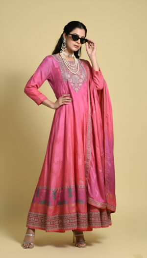 Pink Ombre Anarkali Suit Set with Dupatta