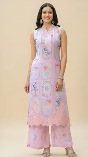 Pastel Pink Floral Printed Kurta Set with Palazzo