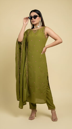 Olive Green Embroidered Kurta Set with Dupatta