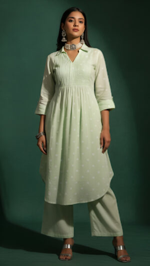 Pastel Green Polka Dot Kurta Set with Palazzo