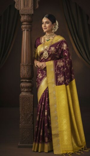 Maroon & Lime Yellow Pure Banarasi Saree