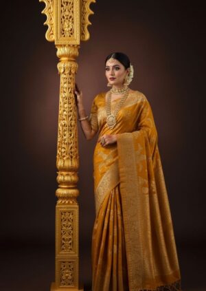 Mustard Yellow & Gold Pure Banarasi Saree