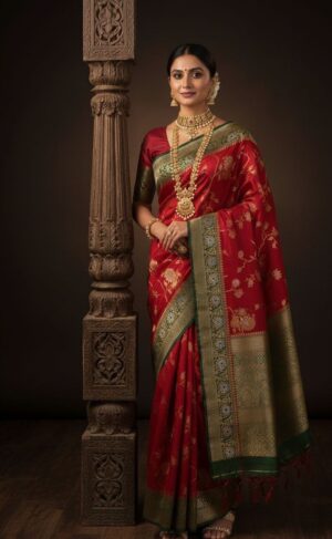 Red & Green Pure Banarasi Saree