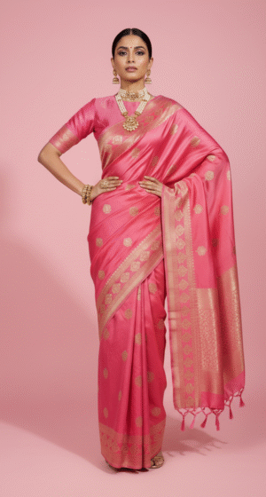 Pink Pure Banarasi Saree with Golden Zari Buta Weaving