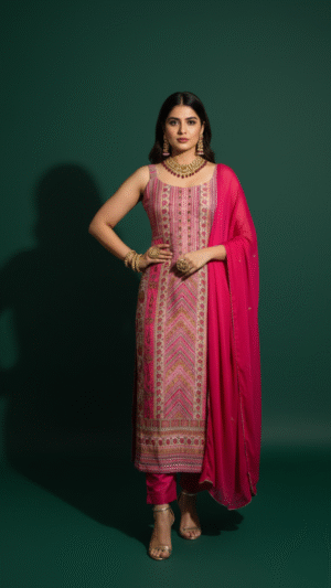 Pink Embroidered Sleeveless Suit Set with Dupatta & Pants