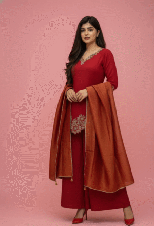 Red Embroidered Sharara Short Embroidered Kurti Set with Copper Dupatta