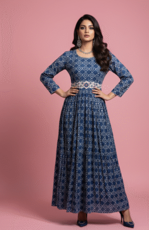 Blue Printed Maxi Dress with Embroidered Waist Belt – Elegant Ethnic Fusion