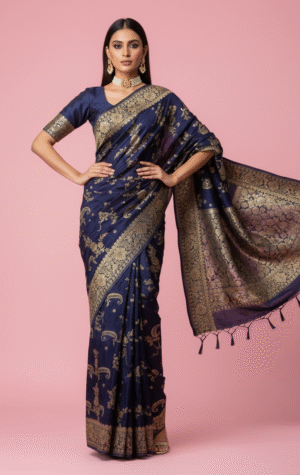 Navy Blue Pure Banarasi Saree with Golden Zari Weaving