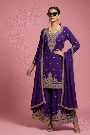 Royal Purple Embroidered Sharara Set with Dupatta