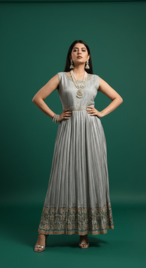 Grey Embroidered Long Gown with Pleated Detailing