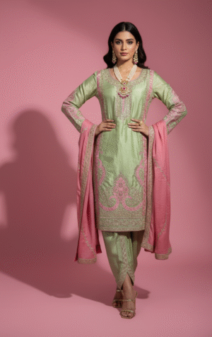 Green & Pink Embroidered Suit Set with Dupatta & Pants