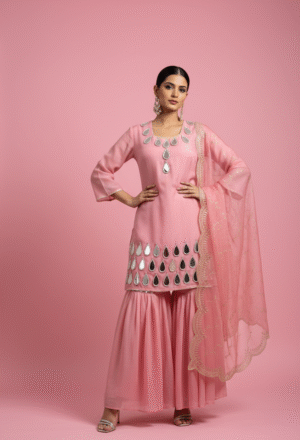 Baby Pink Mirror Work Short Kurti Sharara Set with Dupatta