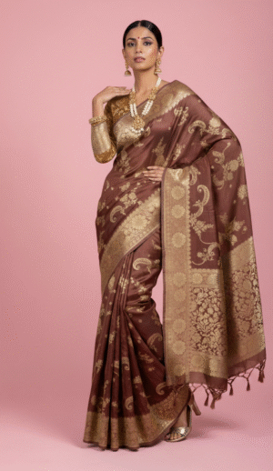 Brown Pure Banarasi Saree with Golden Zari Weaving