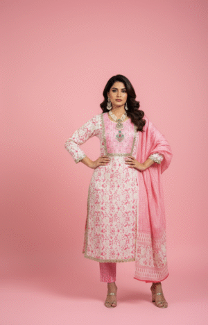 White & Pink Embroidered Suit Set with Dupatta & Pants